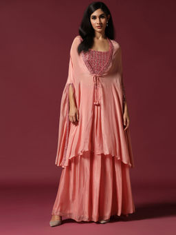 "Two Sisters" by Gyans - Peach Embroidered Blouse with Cape & Lehenga (Set of 3)