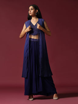 "Two Sisters" by Gyans - Navy Blue Hand Embroidered Blouse with Skirt & Cape (Set of 3)