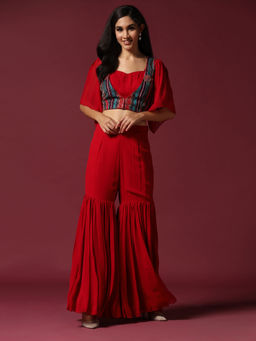 "Two Sisters" by Gyans - Red Blouse with Cape & Sharara (Set of 3)