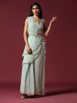 "Two Sisters" by Gyans - Powder Blue Gota Work Jacket with Blouse & Sharara (Set of 3)