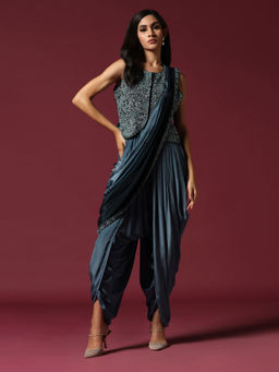 "Two Sisters" by Gyans - Blue Embroidered Dhoti Jumpsuit with Jacket & Saree Drape