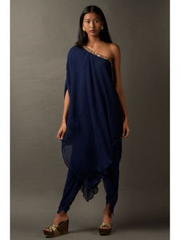 "Two Sisters" by Gyans - Navy Blue One Shoulder Kaftan Kurta with Tulip Pant (Set of 2)