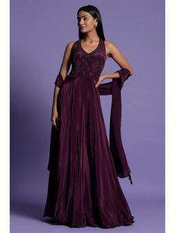 "Two Sisters" by Gyans - Purple Embroidered Crepe Anarkali Kurta & Dupatta (Set of 2)