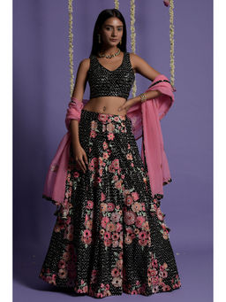 "Two Sisters" by Gyans - Black Georgette Embroidered Blouse & Lehenga with Dupatta (Set of 3)