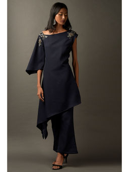 "Two Sisters" by Gyans - Navy Blue Lycra Embroidered Co-Ord (Set of 2)