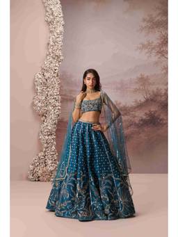 PARUL GANDHI - Teal Elara Blouse and Lehenga with Dupatta