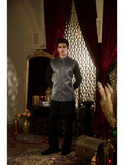CONTRAST BY PARTH - Halo Gunmetal Grey Nehru Jacket with Kurta and Trousers