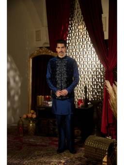 CONTRAST BY PARTH - Prism Midnight Navy Blue Nehru Jacket with Kurta and Trousers