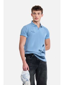 Snitch - Blue Printed Cotton Regular Fit Polo T-Shirt