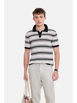 Snitch - Off White Stripes Cotton Regular Fit Polo T-Shirt