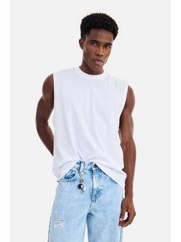 Snitch - White Solid Pure Cotton Oversized Fit Tank
