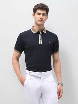 U.S. POLO ASSN. - Navy Blue Solid Cotton Slim Fit Polo T-Shirt