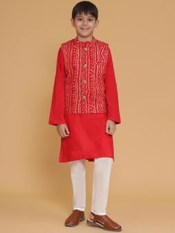PICCOLO - Red Kurta with Pyjama and Bandhani Printed Jacket