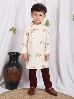Polka Tots - Boys Cream Cotton Embroidered Kurta with Pyjama