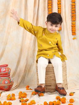 Polka Tots - Boys Yellow Floral Embroidered Cotton Kurta with Pyjama