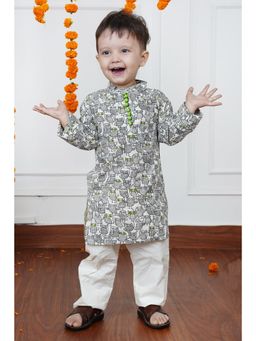 Polka Tots - Boys Off White Printed Cotton Kurta with Pyjama