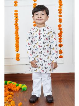 Polka Tots - Boys White Printed Cotton Ethnic Kurta with Pyjama