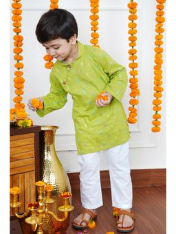 Polka Tots - Boys Green Woven Cotton Ethnic Kurta with Pyjama