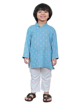Polka Tots - Boys Blue Woven Cotton Ethnic Kurta with Pyjama