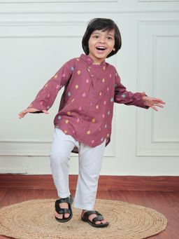 Polka Tots - Boys Pink Cotton Woven Kurta with Pyjama