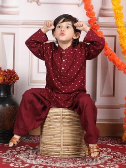 Polka Tots - Boys Maroon Printed Cotton Kurta with Salwar