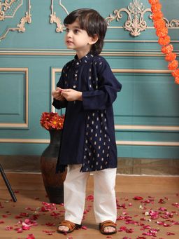 Polka Tots - Boys Navy Blue Cotton Woven Kurta with Pyjama