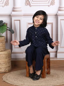 Polka Tots - Boys Navy Blue Cotton Printed Kurta with Salwar