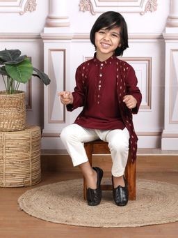 Polka Tots - Boys Maroon Cotton Woven Kurta with Pyjama