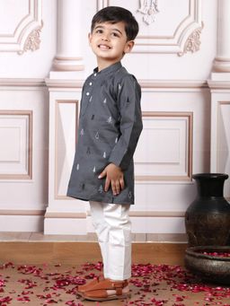 Polka Tots - Boys Grey Cotton Embroidered Kurta with Pyjama