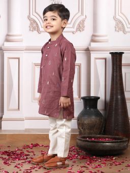 Polka Tots - Boys Maroon Cotton Embroidered Kurta with Pyjama