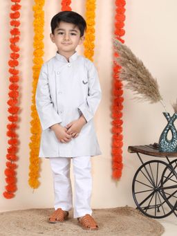 Polka Tots - Boys Grey Cotton Textured Kurta with Pyjama