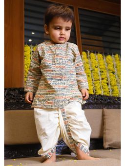 Polka Tots - Cream Printed Cotton Full Sleeve Kurta with Dhoti