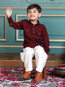 Polka Tots - Boys Maroon Cotton Full Sleeve Solid Kurta with Salwar