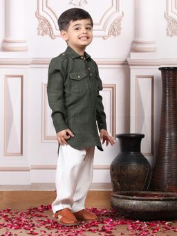 Polka Tots - Boys Green Cotton Full Sleeve Solid Kurta with Salwar
