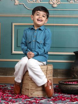 Polka Tots - Boys Blue Cotton Full Sleeve Solid Kurta with Salwar