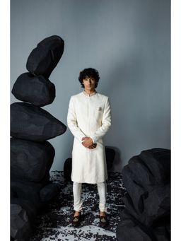 CONTRAST BY PARTH - White Mirza Sherwani with Kurta & Churidar (Set of 3)