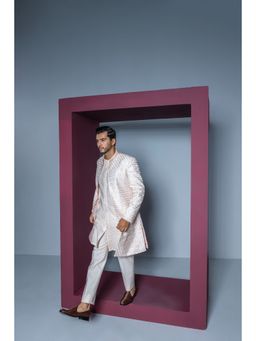 CONTRAST BY PARTH - Peach Majestic Floral Open Sherwani with Kurta & Pant (Set of 3)