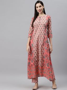 Indibelle - Cotton Peach Floral Print A-line Kurta