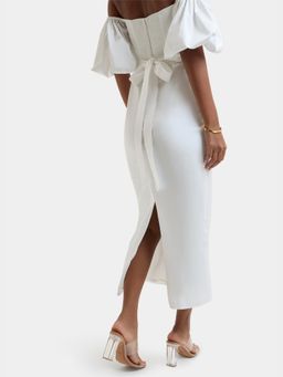 BEYOND - White Solid/Plain Julia Off-Shoulder Midi Dress