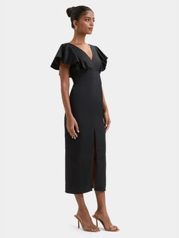 BEYOND - Black Solid/Plain Dorian Ruffle Sleeve V-Neck Midi Dress