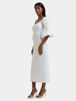 BEYOND - White Solid/Plain Tulum Balloon Sleeve Midi Dress