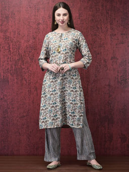 Shree - Women Muslin Blue Floral Print Kurta with Comfort Pant and Dupatta (Set of 2)