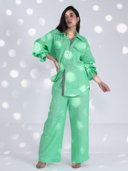IKI CHIC - Green Linen Loose Shirt with Pants (Set of 2)