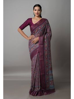 Unnati Silks - Wine Digital Printed Linen Saree with Unstitched Blouse