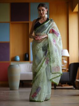 Odette - Green Printed Organza Saree with Unstitched Blouse