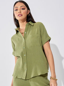 Styli Elevate - Womens Green Cotton Regular Fit Extended Shoulder Shirt