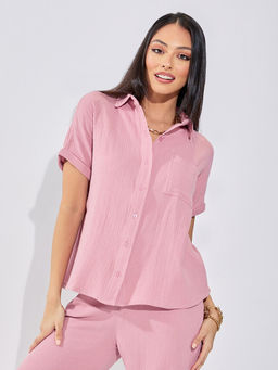 Styli Elevate - Womens Pink Cotton Regular Fit Extended Shoulder Shirt