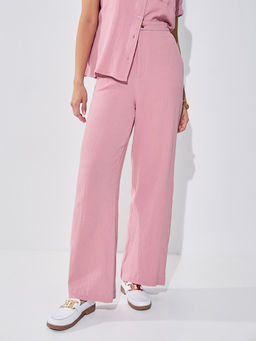 Styli - Womens Pink Cotton Mid Rise Straight Leg Textured Trouser