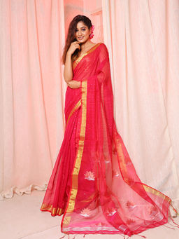 Arhi - Hot Pink Cotton Blend Handwoven Soft Saree with Sequin Work & Unstitched Blouse