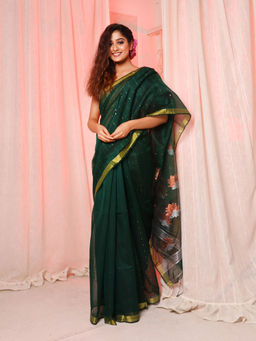 Arhi - Green Cotton Blend Handwoven Soft Saree with Sequin Work & Unstitched Blouse
